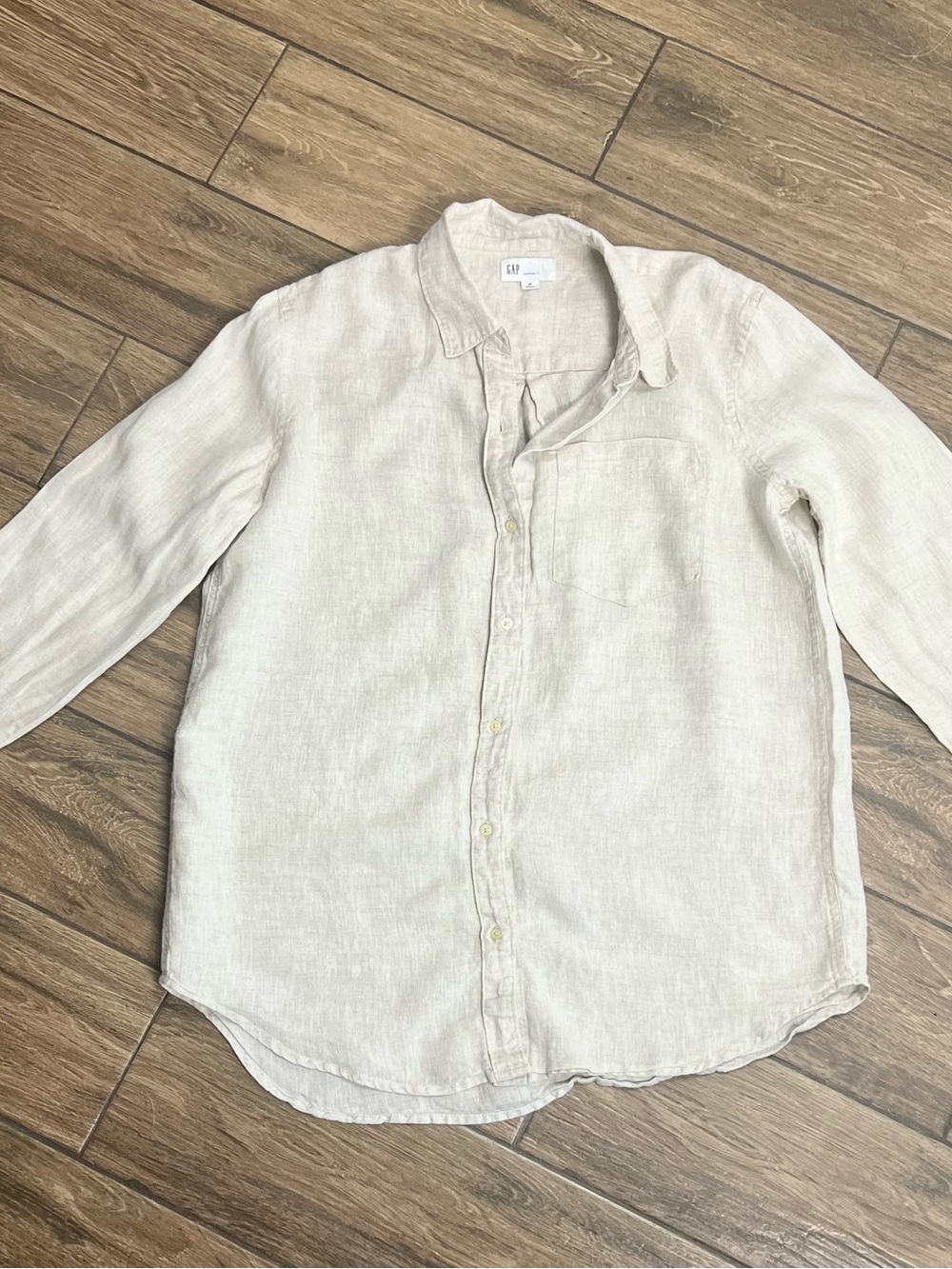 GAP Boyfriend Fit 100% Linen Button Down Shirt M Neutral Beige - Picture 5 of 9